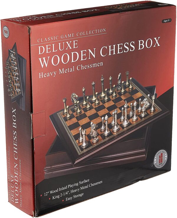 WOODEN CHESS BOX W/ METAL PIECES