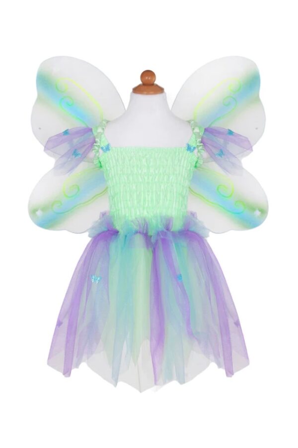 BUTTERFLY DRESS & WINGS W/WAND-GREEN/MULTI (5-6)